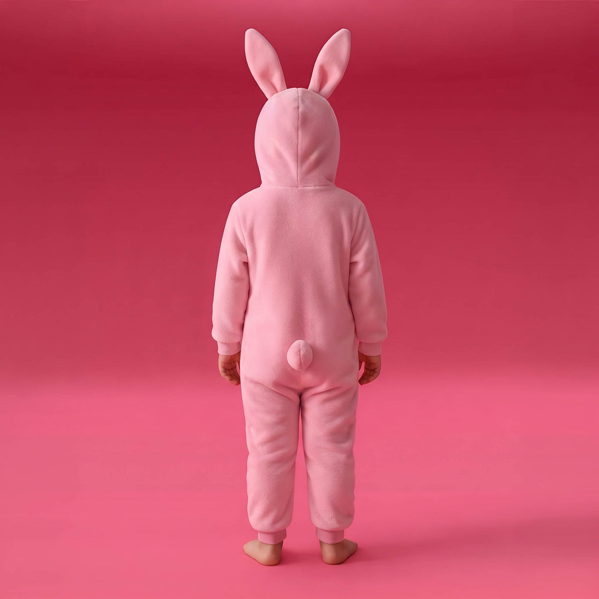 A child wearing a pink bunny onesie, shown from the back against a solid pink studio background.