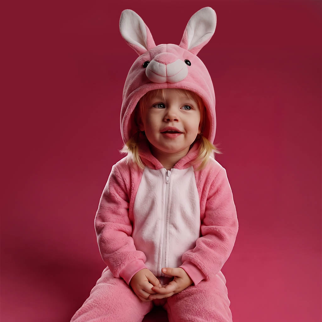 A toddler wearing a pink bunny onesie with a plush hood featuring long ears and a bunny face, seated against a solid dark pink background.