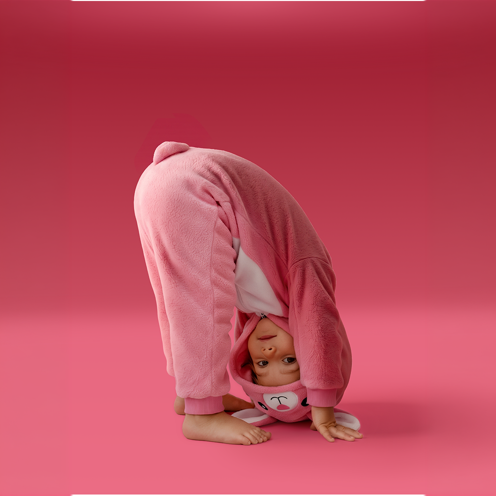 A baby wearing BunBOO,a pink bunny onesie is performing a headstand pose against a solid pink studio background.