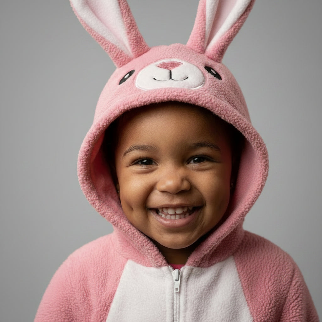 Child wearing a pink bunny costume with a plain background