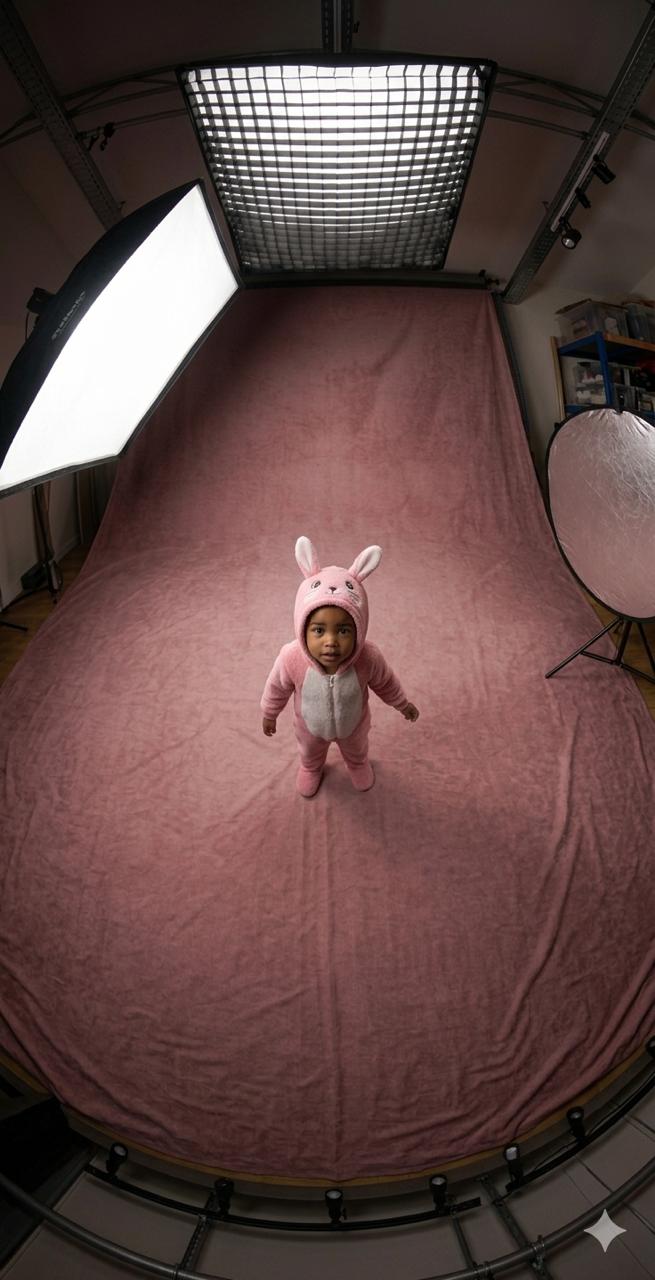 Child in a pink bunny costume standing on a pink blanket with studio lighting equipment around.