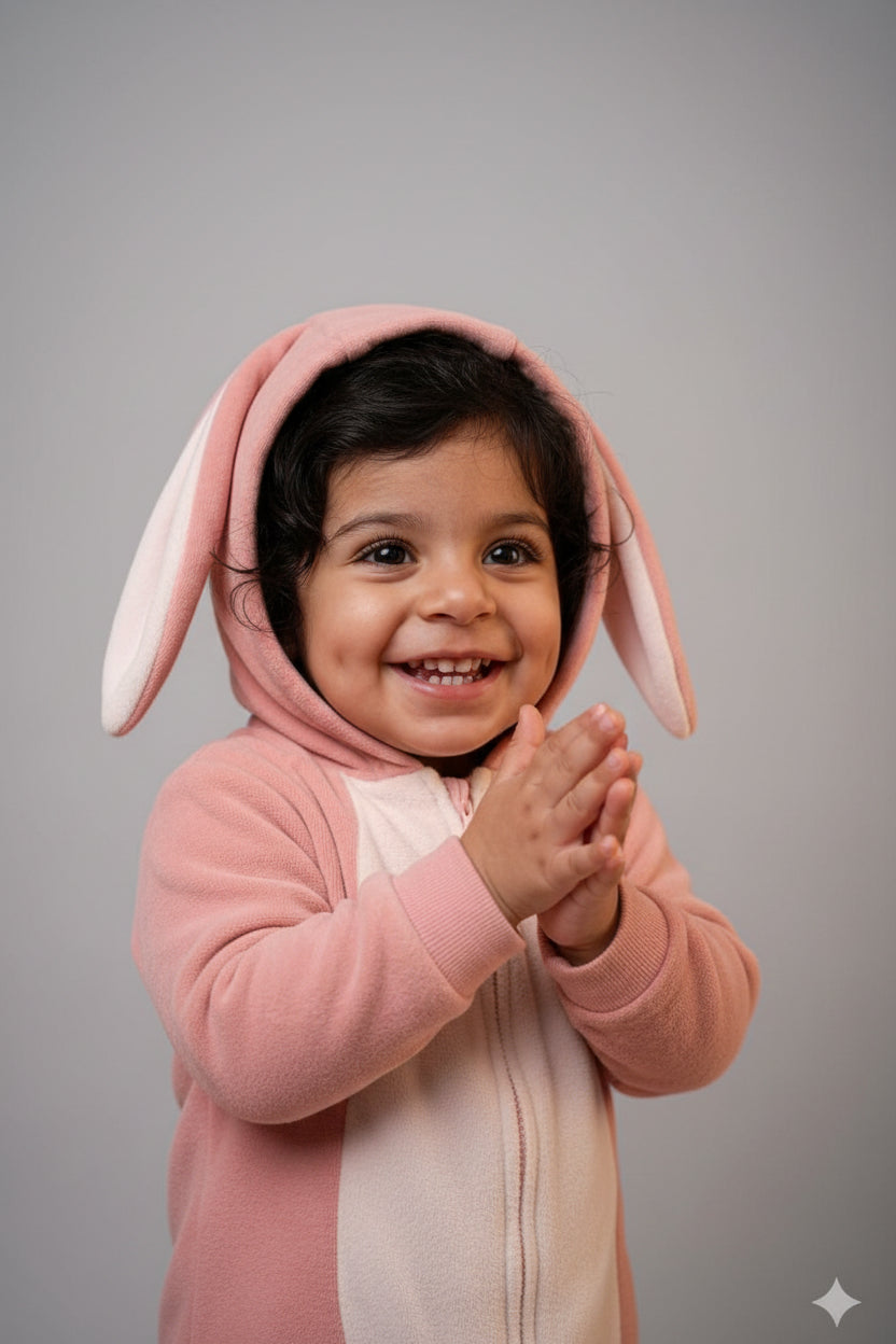 Child wearing a pink hoodie with a soft pink background
