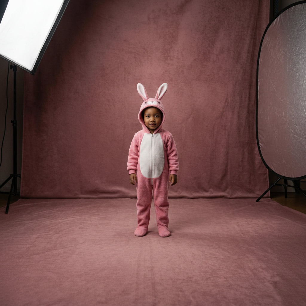 Child in a pink bunny costume standing in front of a plain backdrop
