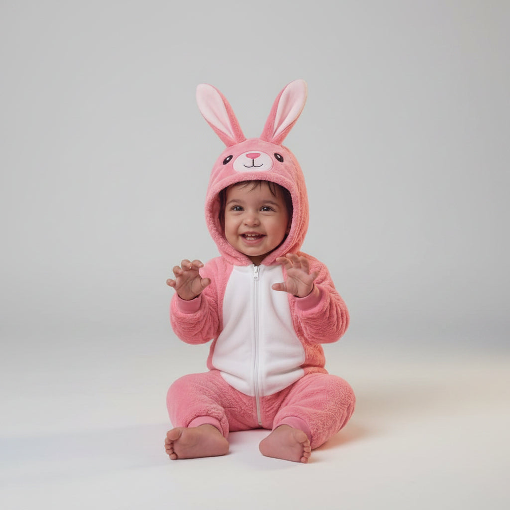 Child wearing a pink bunny costume sitting on a pink carpet with pink curtains in the background.