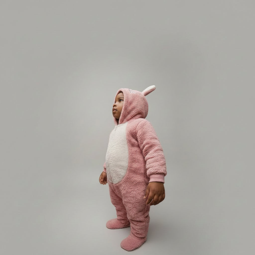 Child in a pink onesie with ears standing in a photography studio.