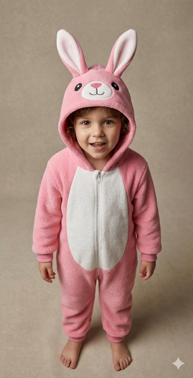 Child wearing a pink bunny onesie against a beige background