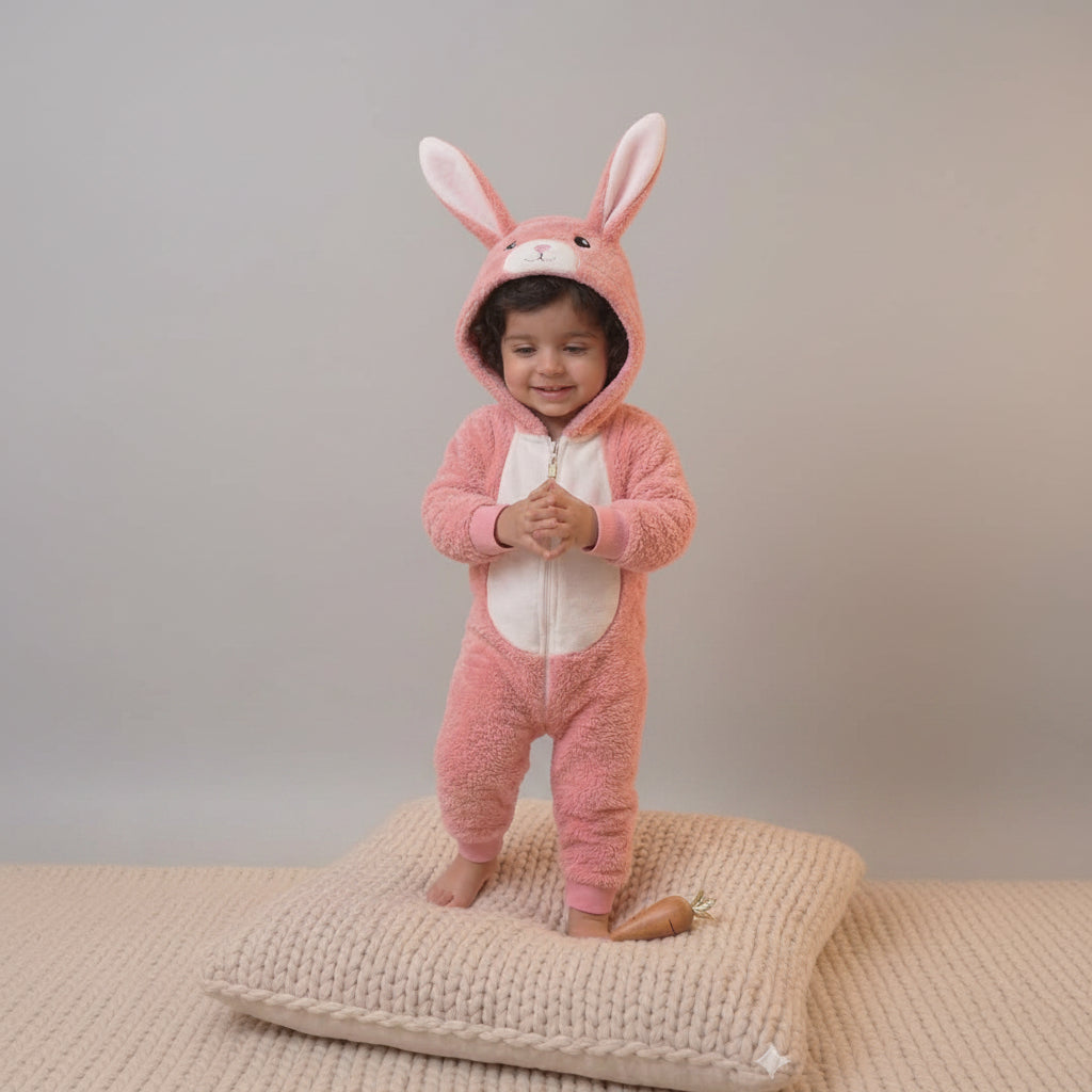 Child wearing a pink bunny onesie on a beige blanket with a pink background