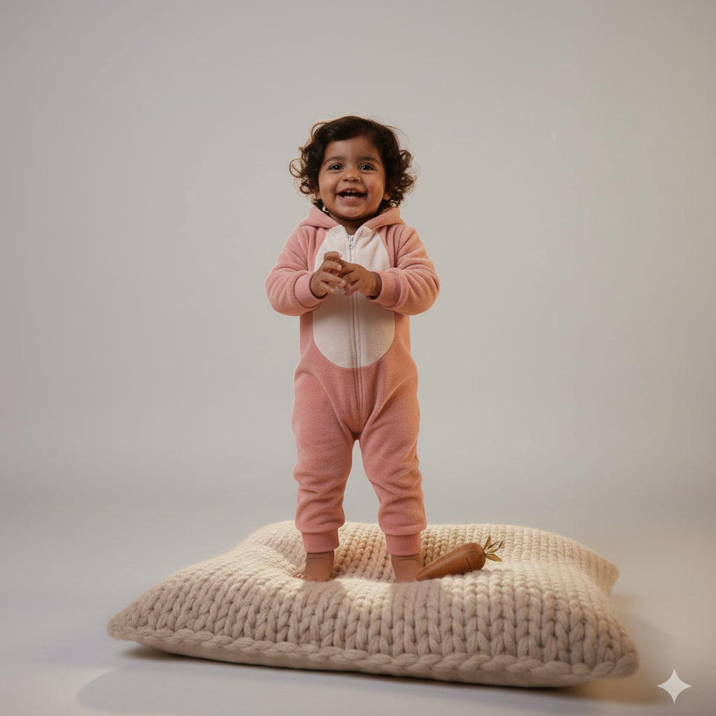 Child in a pink bunny onesie standing on a textured surface with a soft pink background