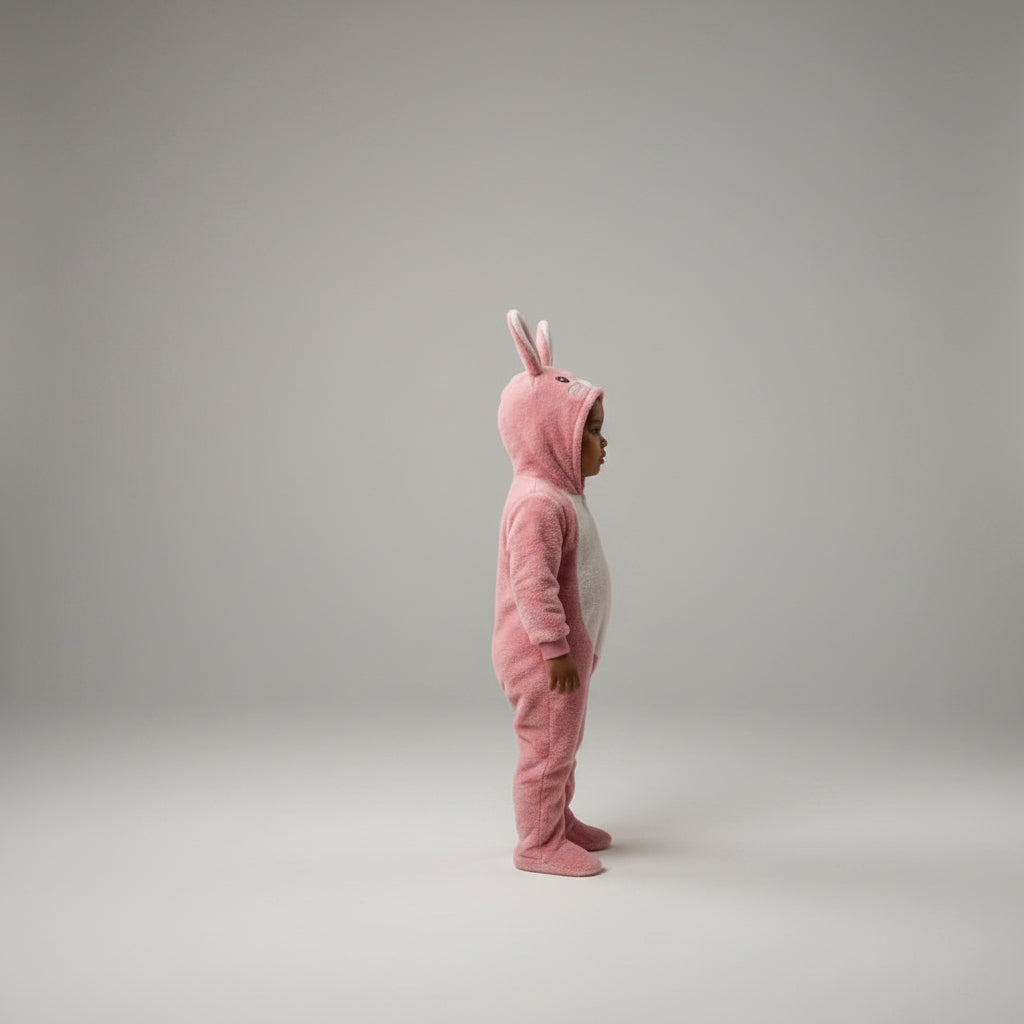 Child in a pink dinosaur costume standing in a photography studio with a plain background