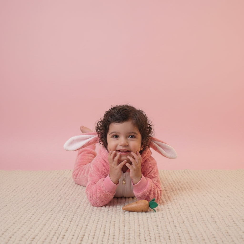 Child wearing a pink bunny outfit with bunny ears and a carrot on a beige background