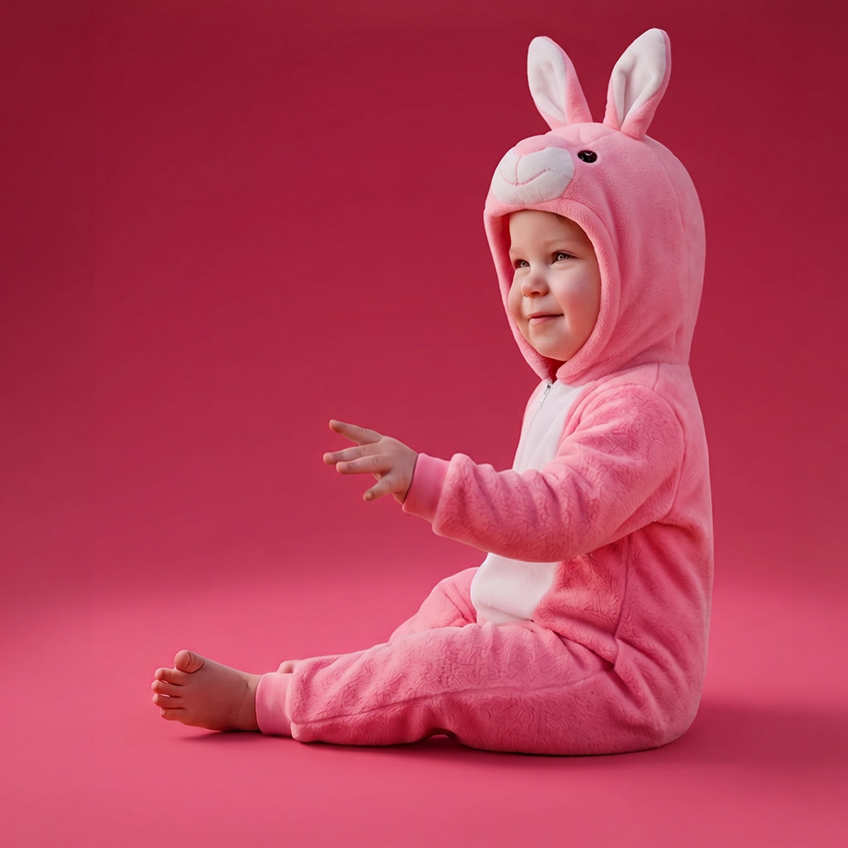 A baby wearing a plush pink bunny onesie with long ears and a white belly panel, sitting against a solid pink studio background.