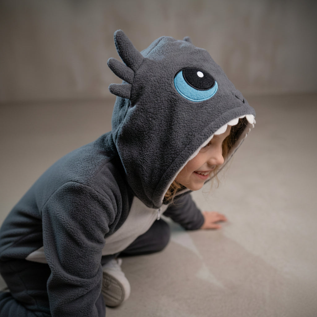 Child wearing a shark-themed hoodie with a neutral background