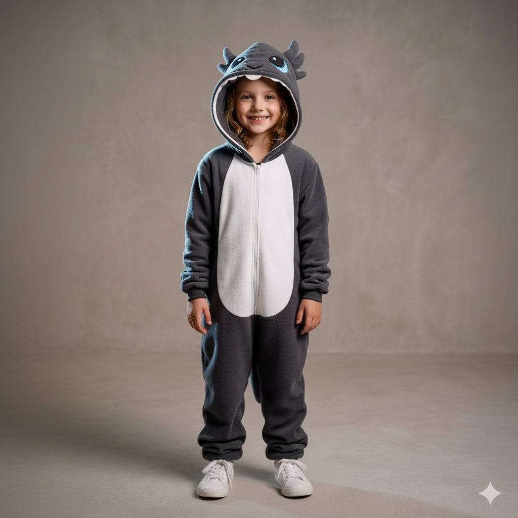 Child wearing a dragon-themed onesie against a plain background