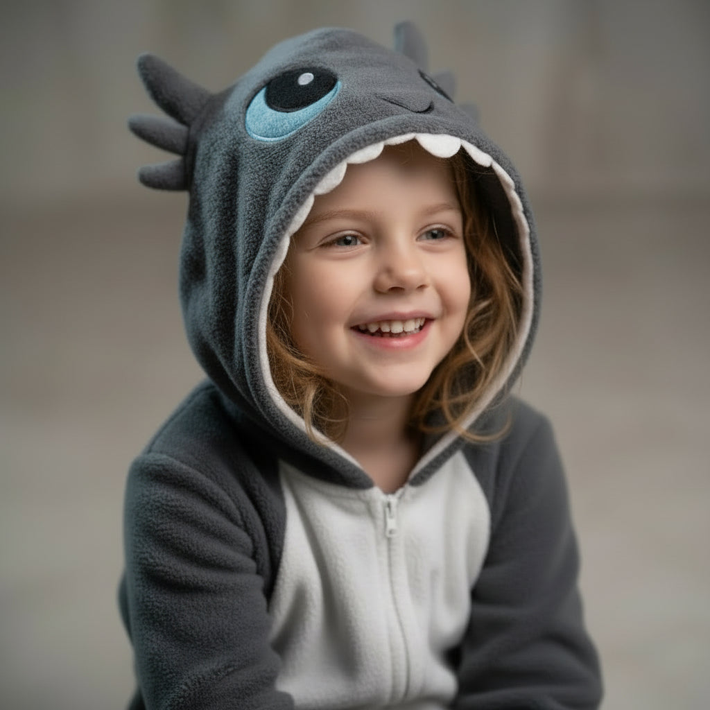 Child wearing a shark-themed hoodie with a hood over their head.