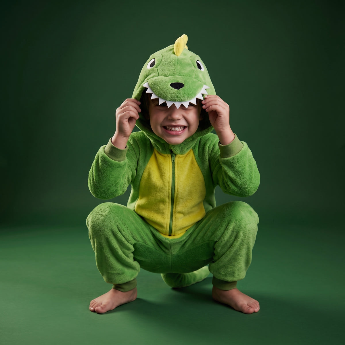 A child wearing DinoBOO a green dinosaur onesie with a yellow belly and a dinosaur face hood, squatting against a dark green studio background.