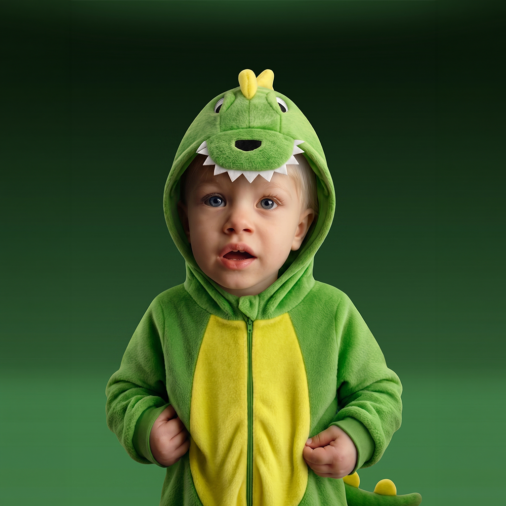 A baby wearing DinoBOO,  a green and yellow dinosaur costume hoodie, standing against a dark green gradient background.