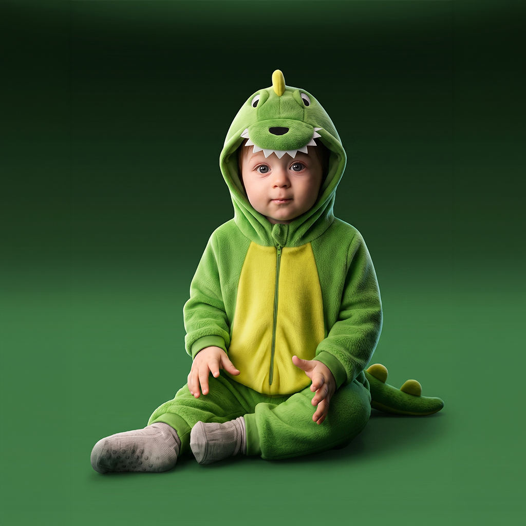 A baby wearing DinoBOO, a green and yellow dinosaur onesie costume, sitting against a dark green studio background.