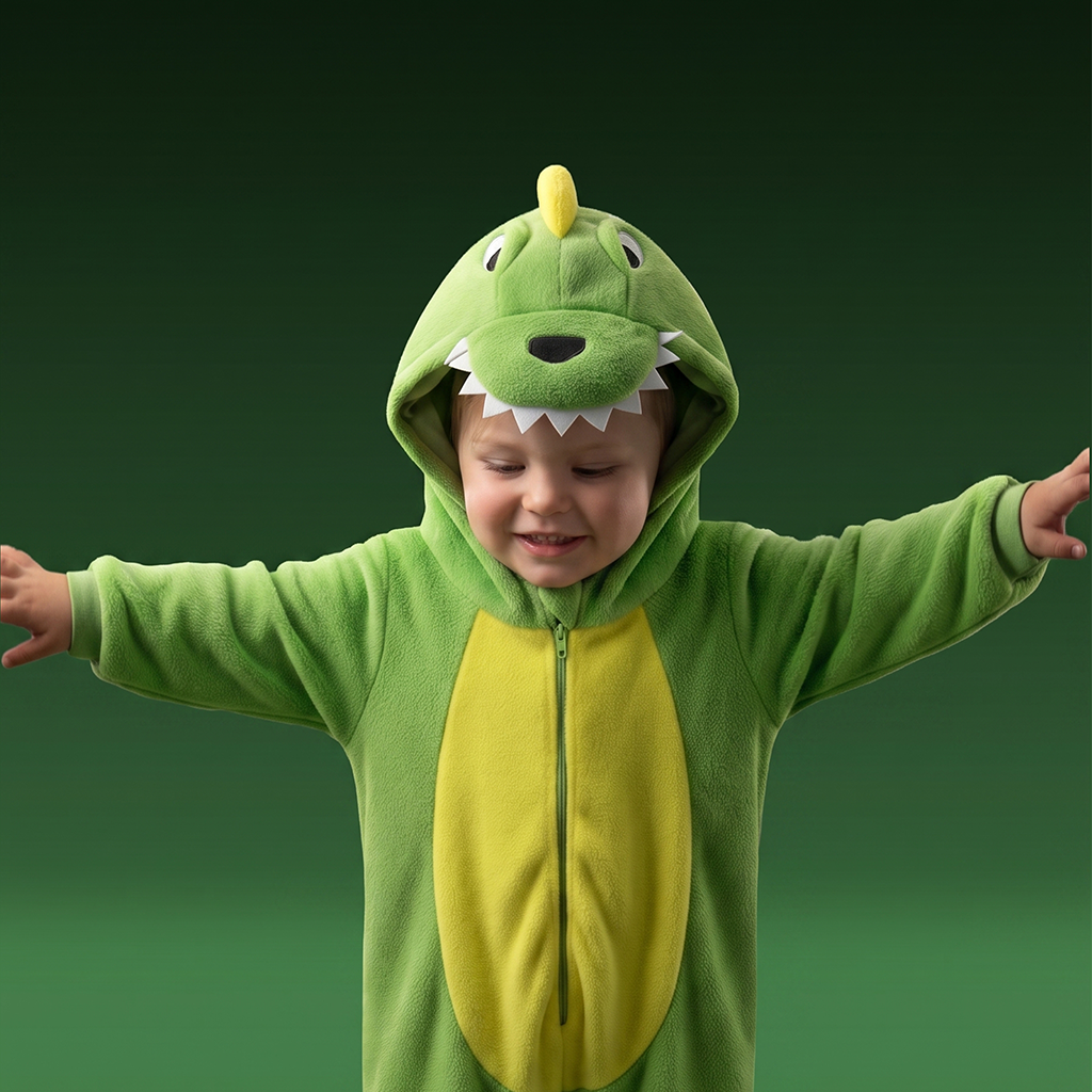 A smiling toddler wearing DinoBOO, a green dinosaur costume with a yellow belly panel, white teeth detail, and a yellow horn on the hood, posed against a dark green gradient background.