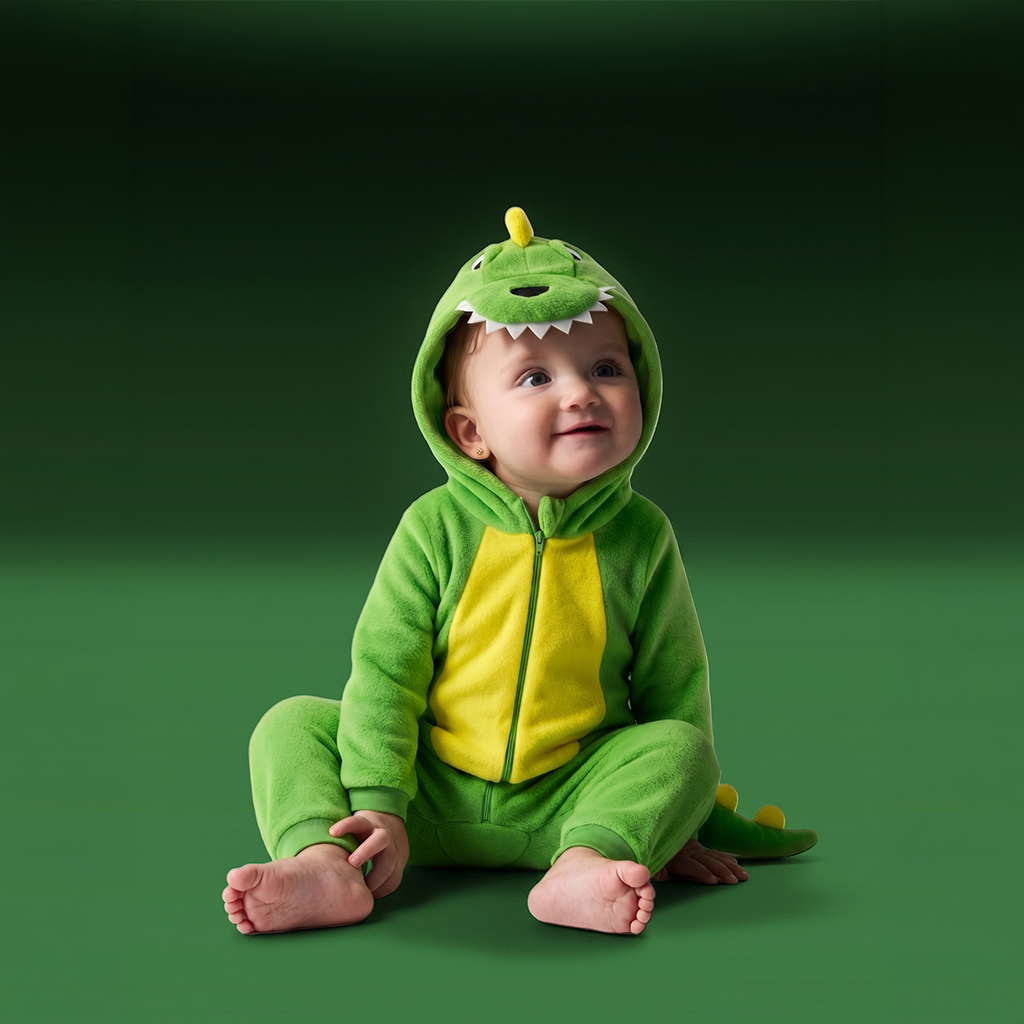 A baby wearing DinoBOO, a green and yellow dinosaur onesie costume, sitting against a dark green studio background.