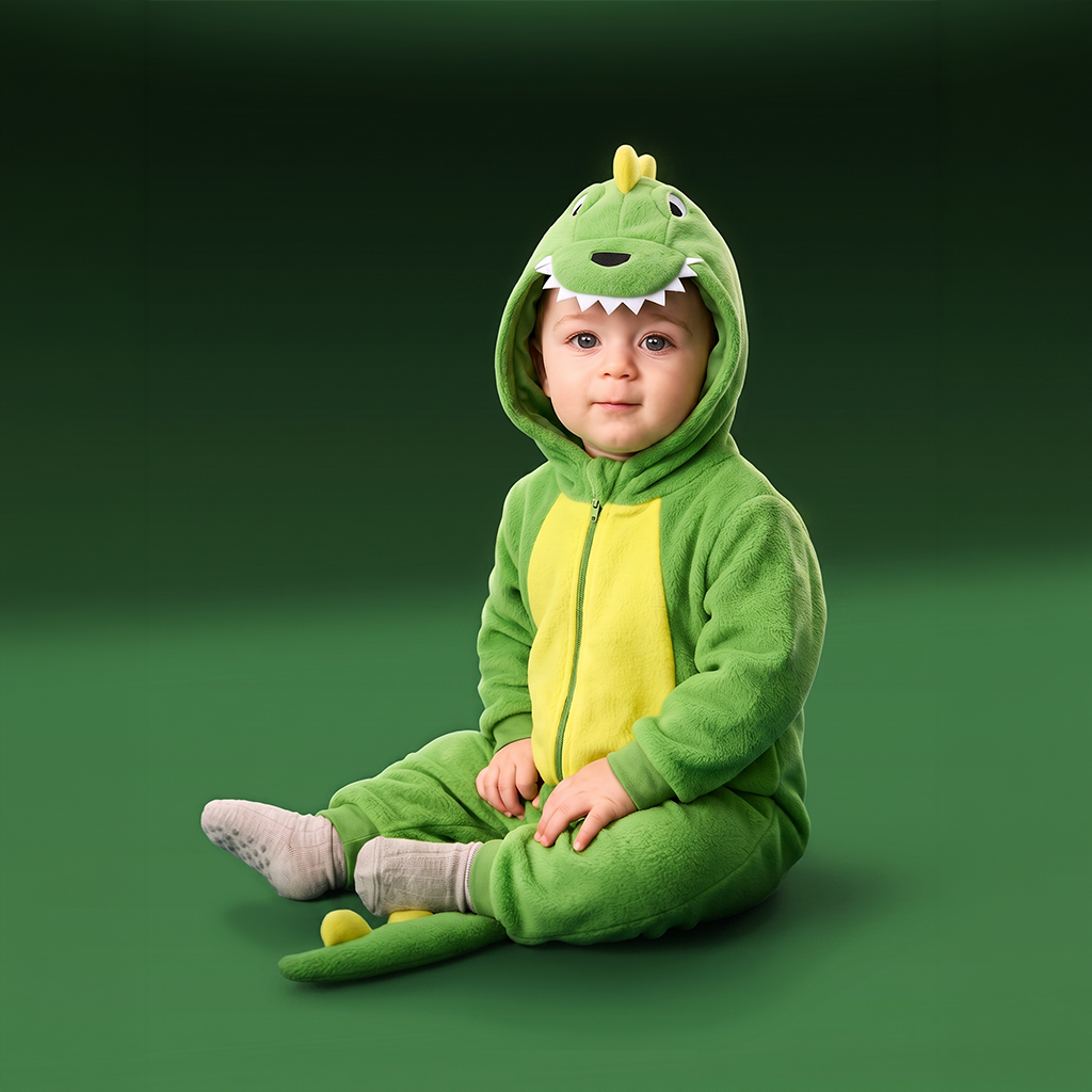 A baby wearing DinoBOO, a green dinosaur onesie with a yellow belly panel, white teeth details on the hood, and matching green socks, sitting against a dark green studio background.