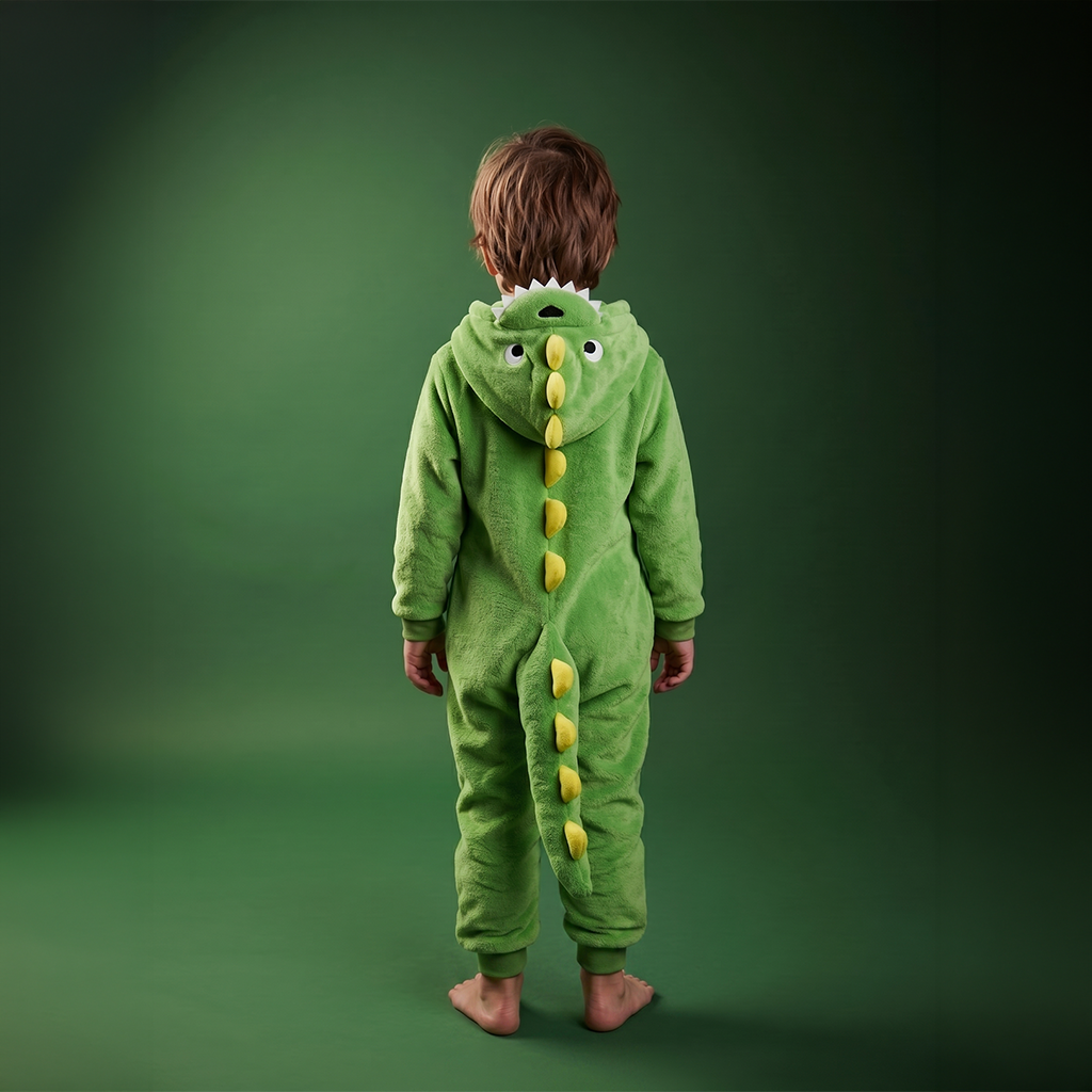 A child viewed from behind wearing DinoBOO, a green dinosaur onesie with yellow spikes and a hooded face, standing against a dark green studio background.