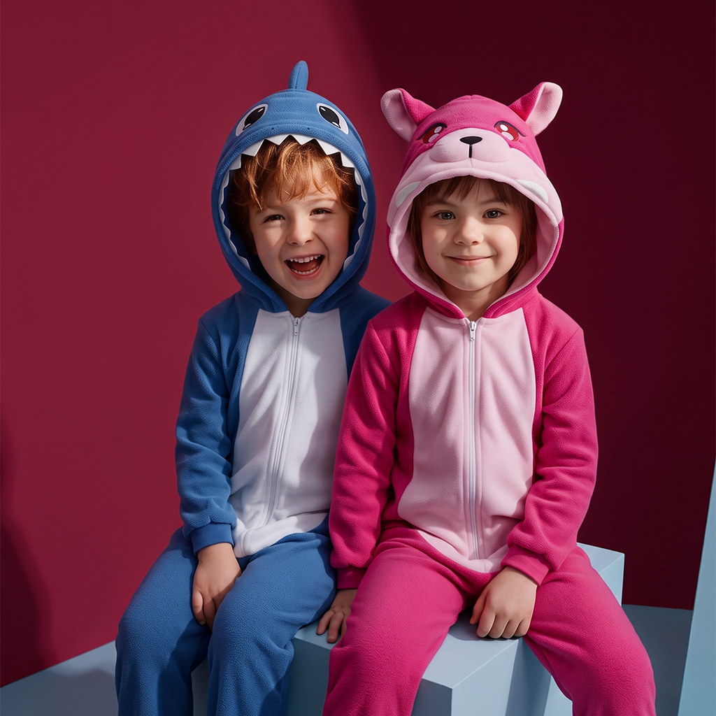 Two children wearing FoxBOO  and ShaBOO colorful hooded one-piece pajamas, one in blue shark-themed and one in pink fox-themed, sitting on a light blue block against a dark red studio background.