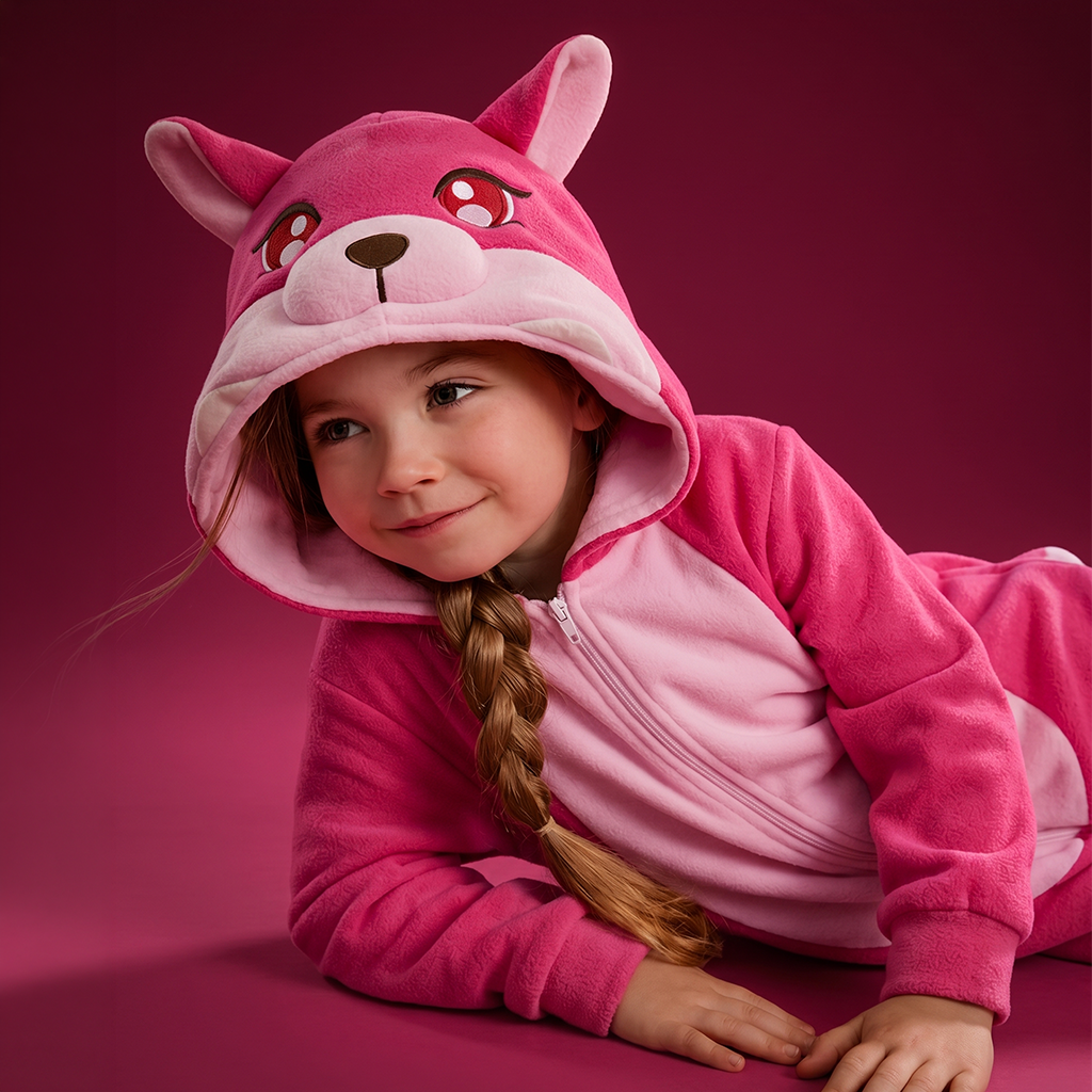 A young girl wearing FoxBOO the pink and light pink animal-themed hooded onesie, lying on her stomach against a solid dark magenta background. The hood features a fox face design with embroidered eyes and nose.