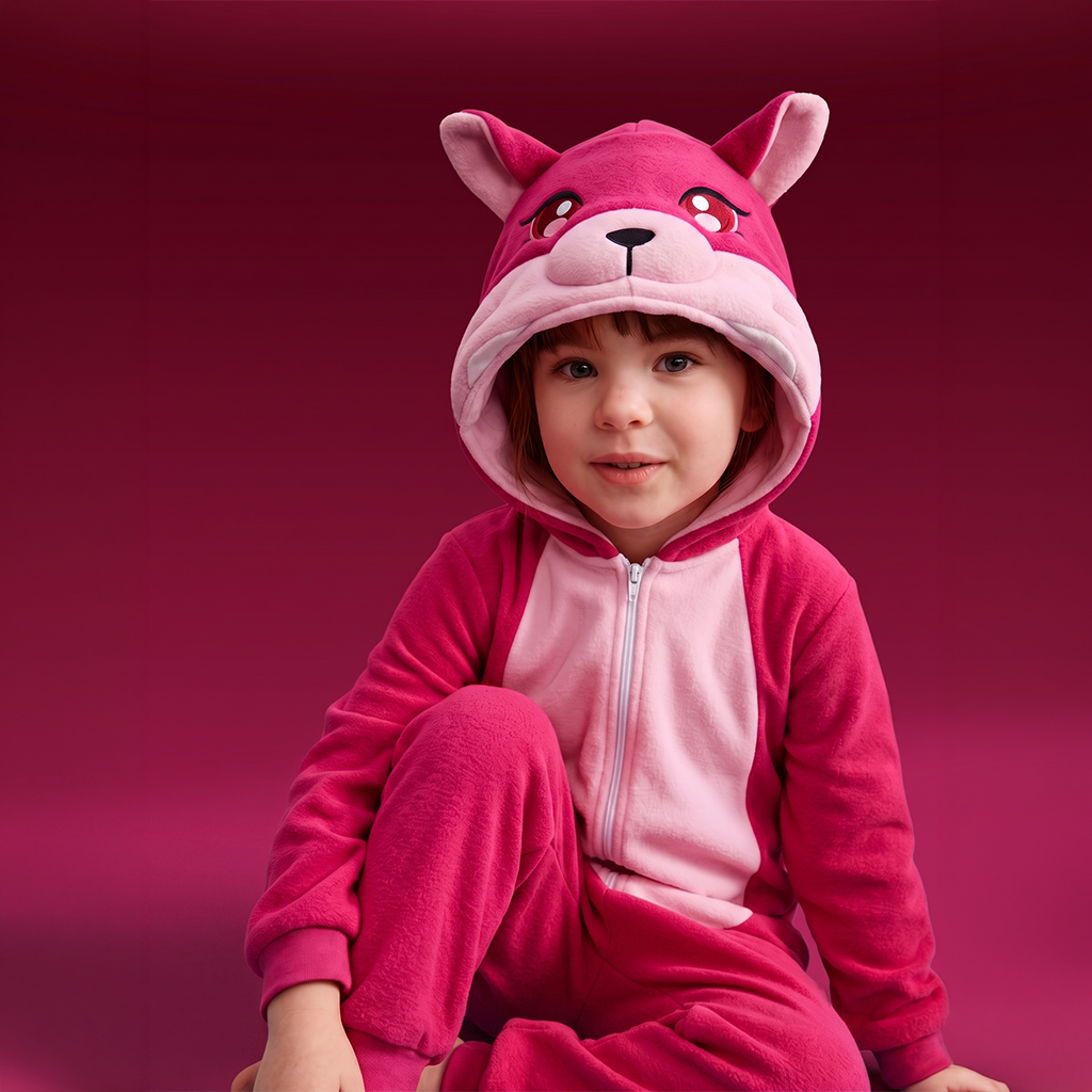 A young child wearing FoxBOO the pink plush animal onesie fox with a hood featuring animal ears and a snout, posed against a solid dark pink studio background.