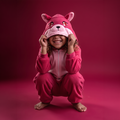 A child wearing FoxBOO the pink animal onesie with a fox hood, crouching against a solid dark pink studio background.