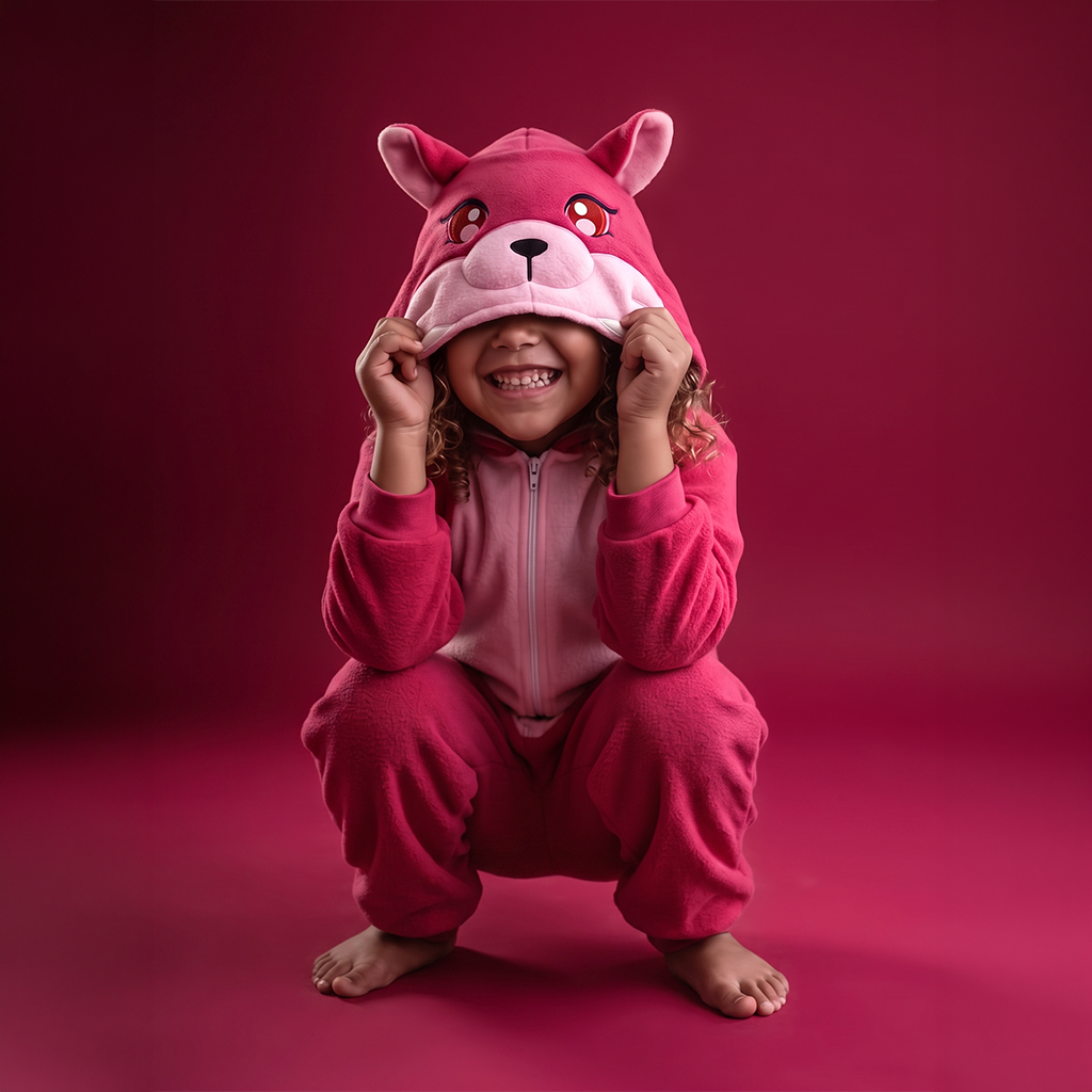 A child wearing FoxBOO the pink animal onesie with a fox hood, crouching against a solid dark pink studio background.