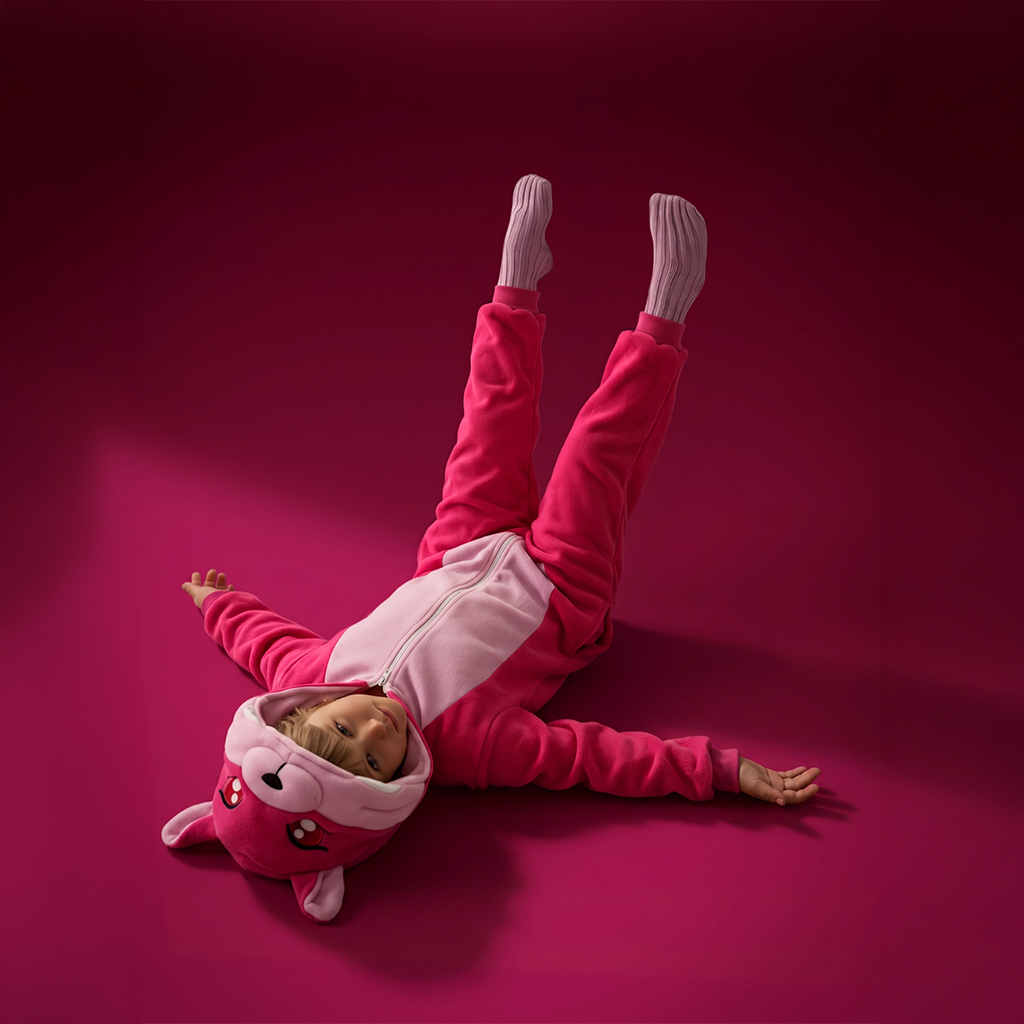 A child wearing FoxBOO a bright pink animal-themed hooded onesie lies on their back on a solid magenta studio background. The onesie has a white chest panel and a hood shaped like a pink fox with long ears and embroidered eyes.