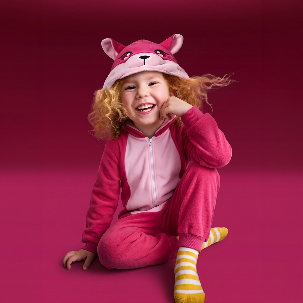 A young child wearing FoxBOO the pink and light pink animal-themed hooded onesie with a fox face, posing on a solid magenta background.