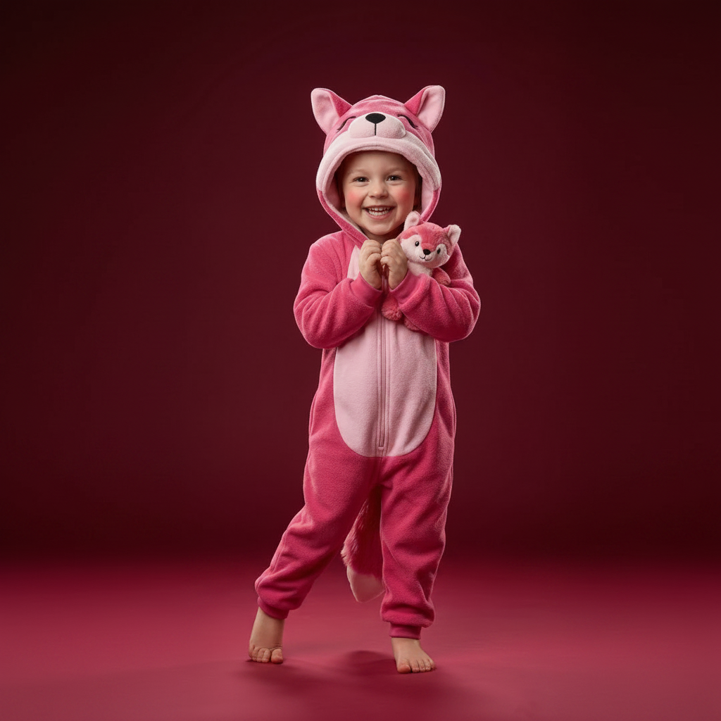 Child wearing a pink and white animal onesie against a red background