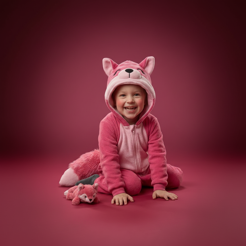 Child wearing a pink fox onesie on a red background