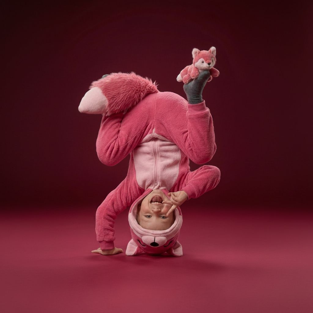Child in pink flamingo costume holding a small pink flamingo toy against a red background