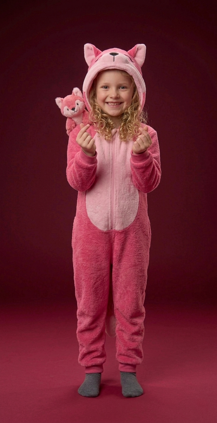 Child wearing a pink onesie with cat ears and tail, holding a pink toy against a red background