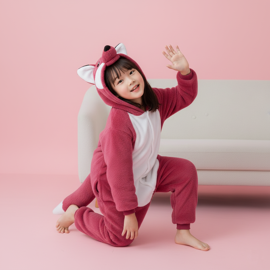 Child wearing a pink animal onesie on a pink background