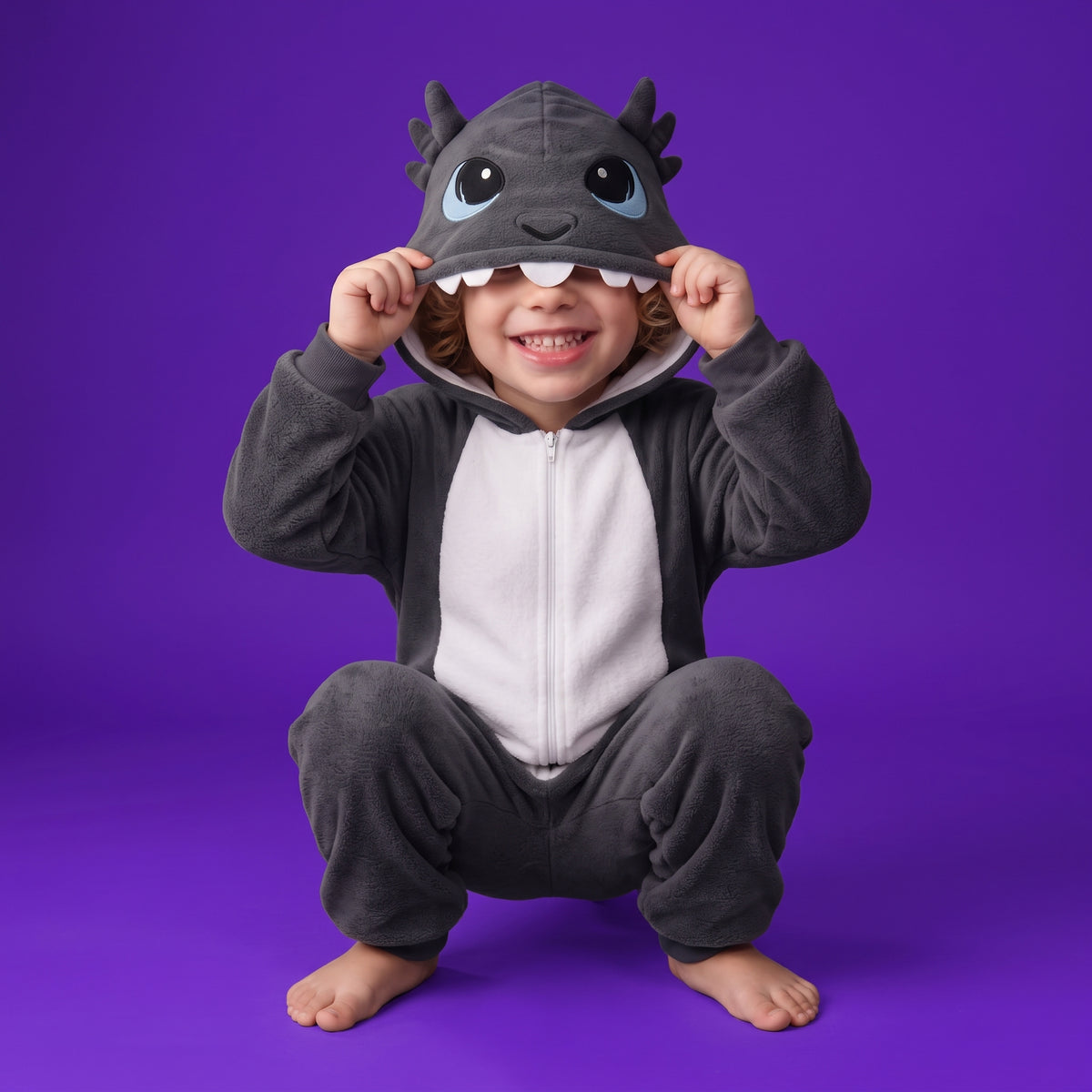 A child wearing GriBOO a dark gray and white dragon onesie with a large dragon hood, squatting against a solid purple studio background.