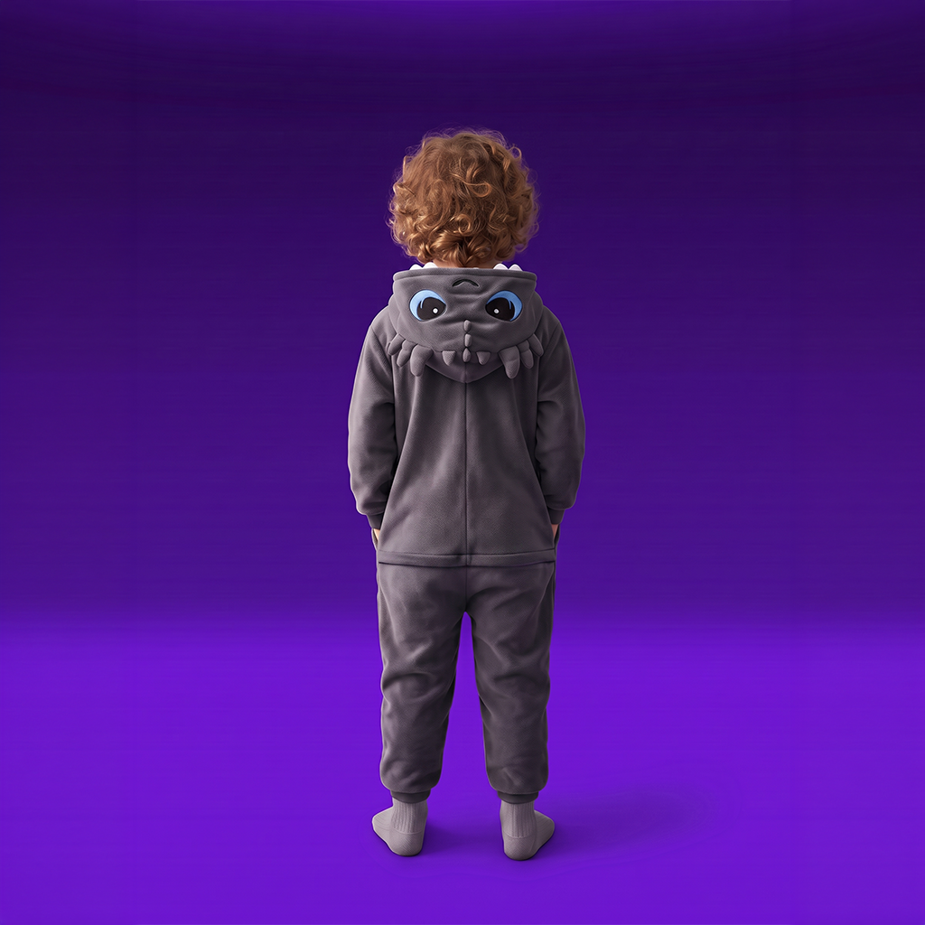 A child viewed from behind wearing GriBOO the grey plush dragon onesie with a hood featuring large blue eyes and a snout, standing against a purple gradient background.