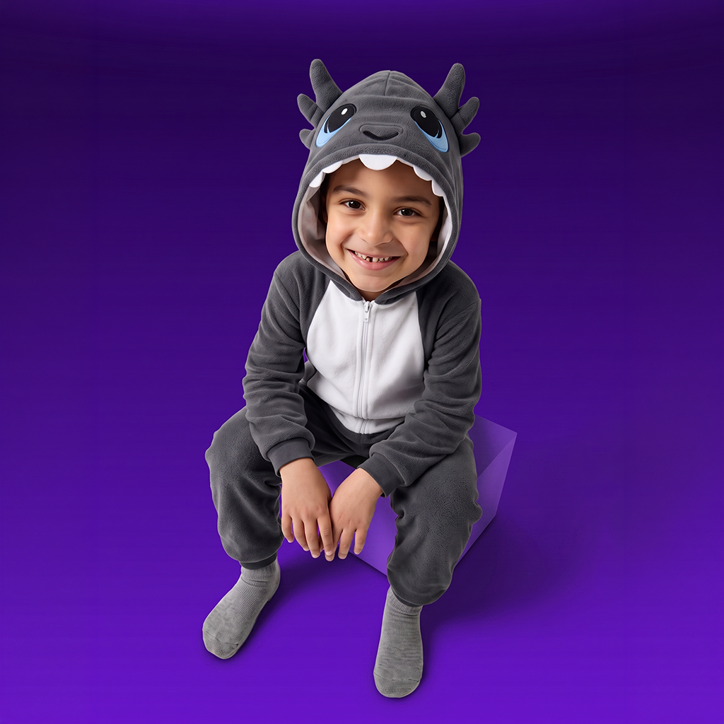 A smiling child wearing GriBOO the grey dragon onesie with a hood featuring large blue eyes and white teeth, sitting on a purple block against a purple gradient background.