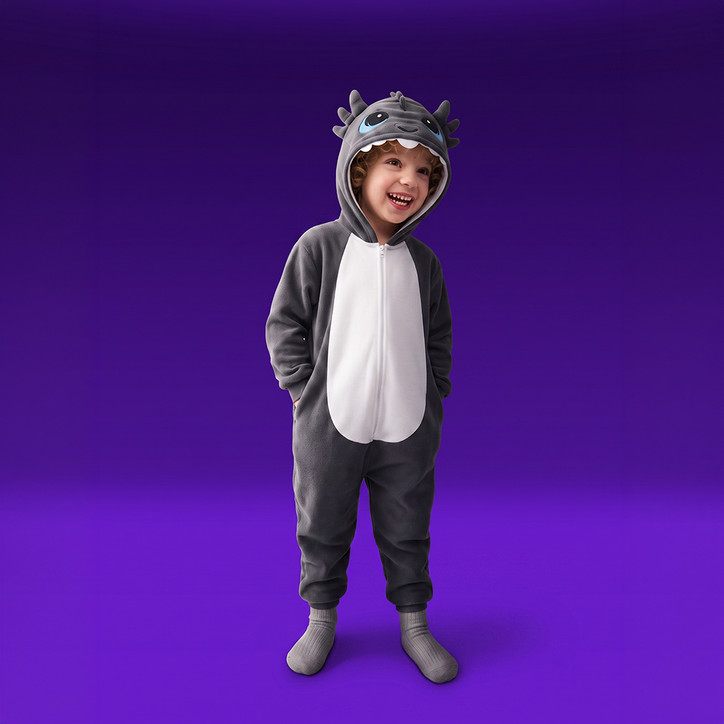 A child wearing GriBOO the grey and white dragon St. Nick style hooded onesie with a zipper front, standing against a purple gradient background.