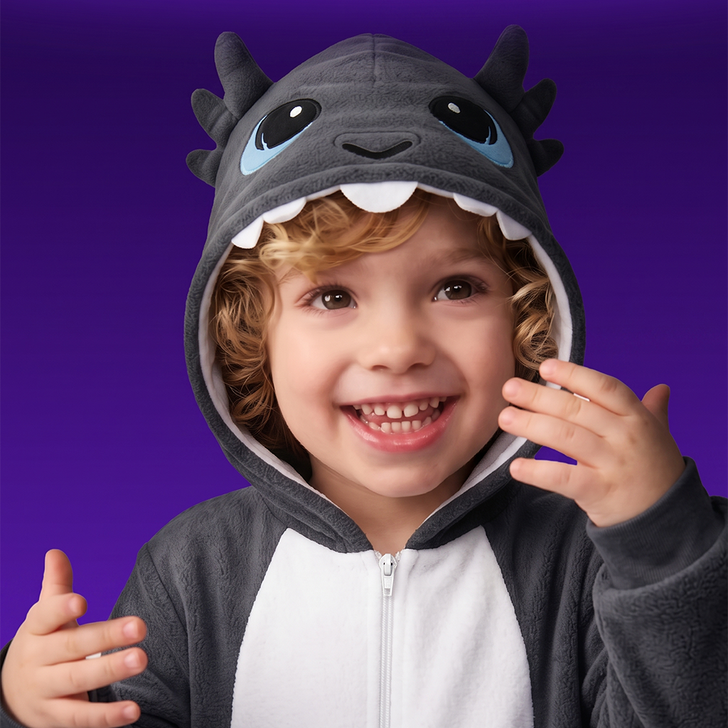 A smiling young child wearing GriBOO the grey dragon a plush hooded onesie with a gray hood featuring large cartoon eyes, blue tear details, and white teeth, against a solid purple background.