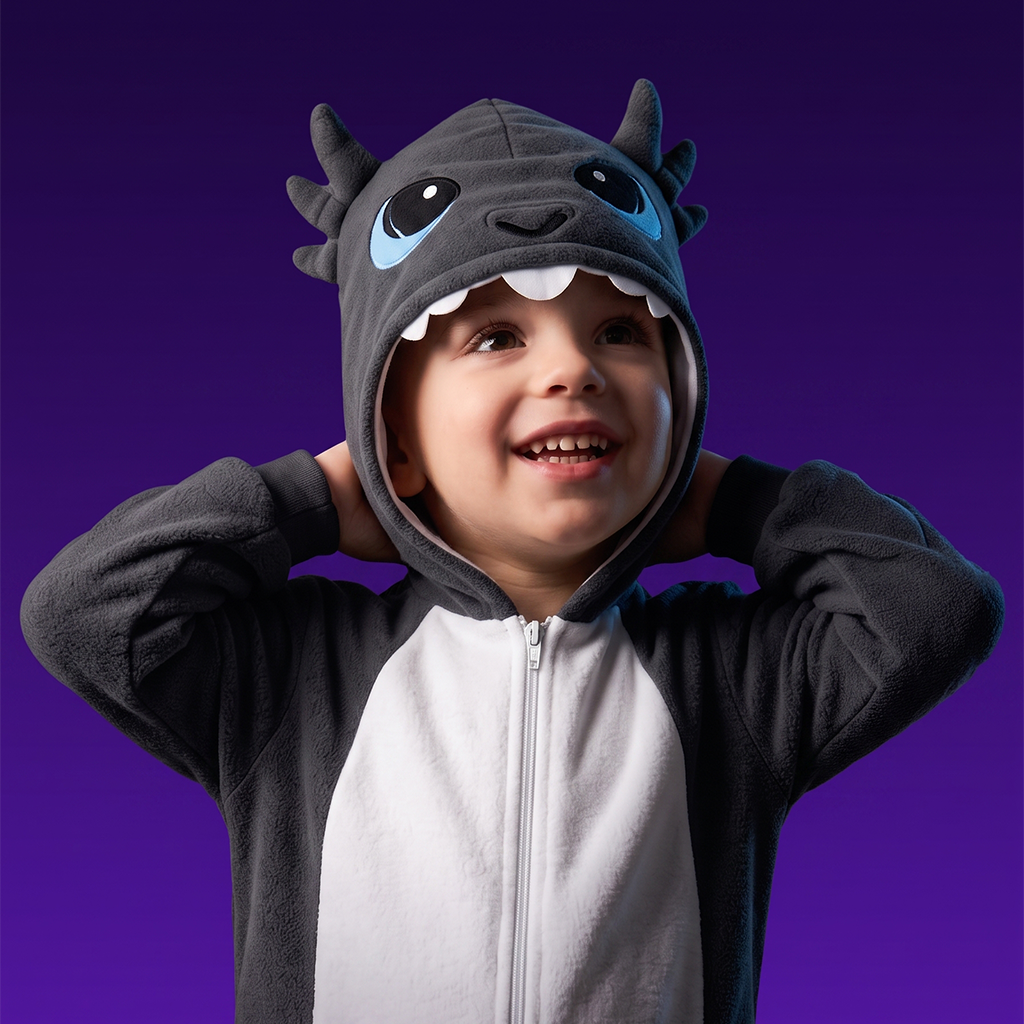 A smiling child wearing GriBOO the grey dragon a dark gray and white animal-themed hooded onesie with a large snout, blue eyes, and white teeth, posed against a solid purple background.