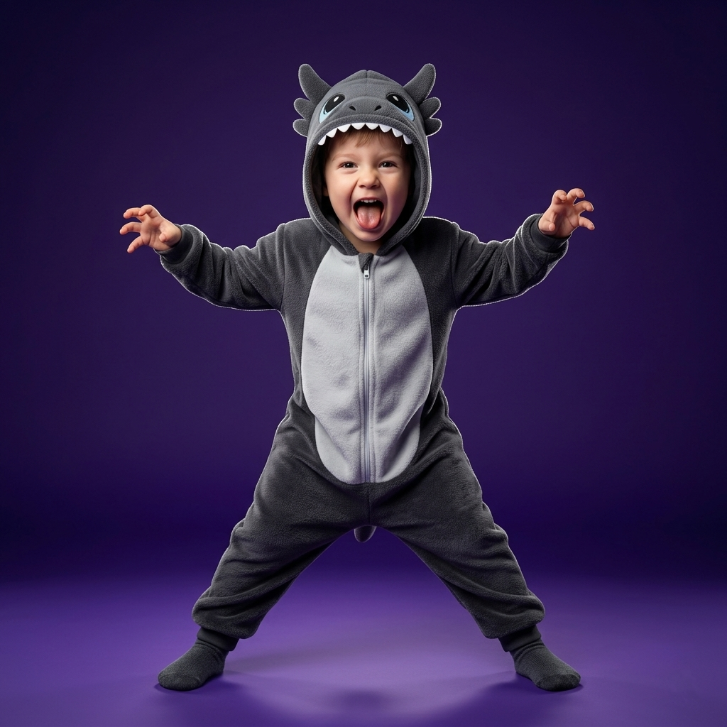 Child wearing a gray dinosaur onesie on a purple background