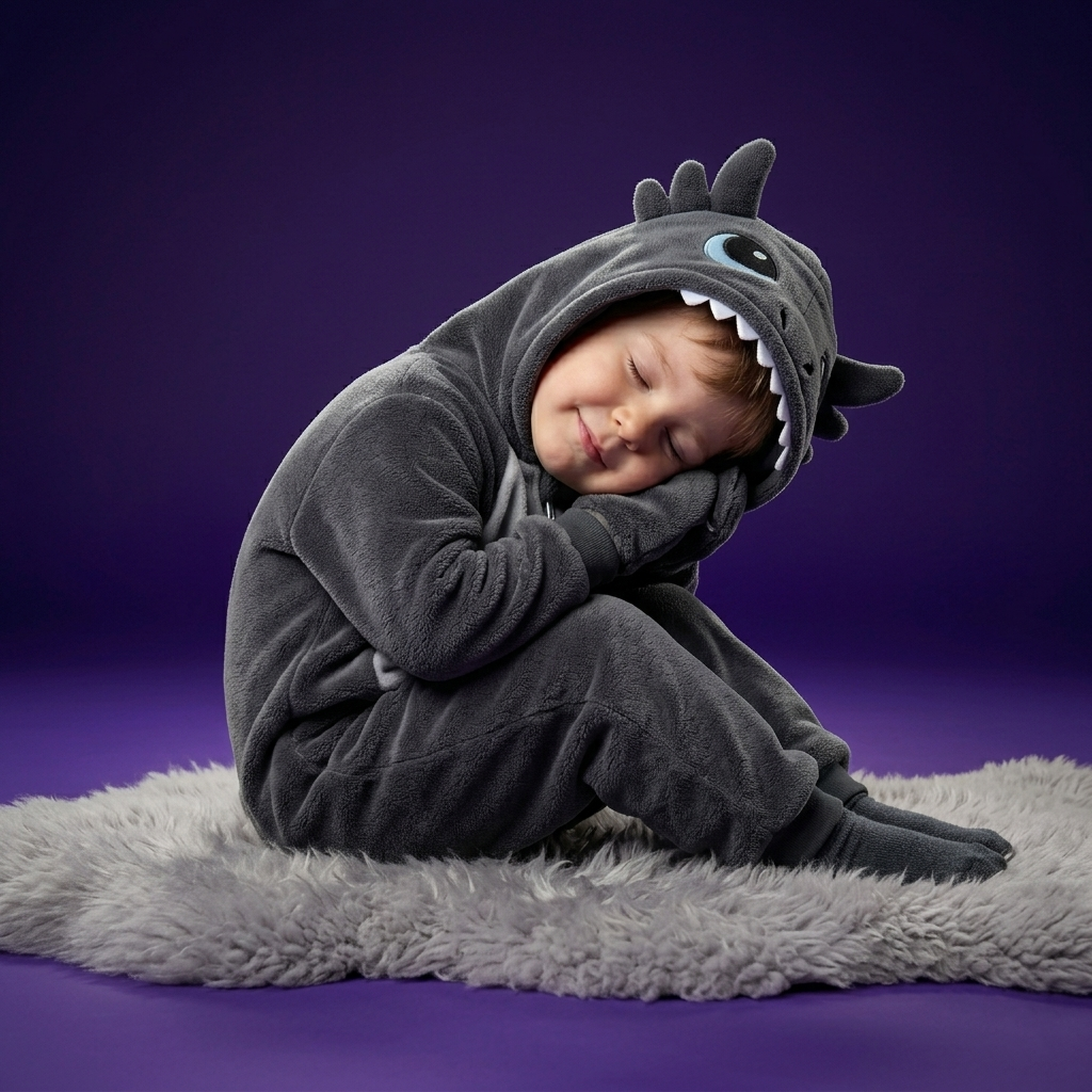Child wearing a shark onesie sitting on a fluffy rug with a purple background