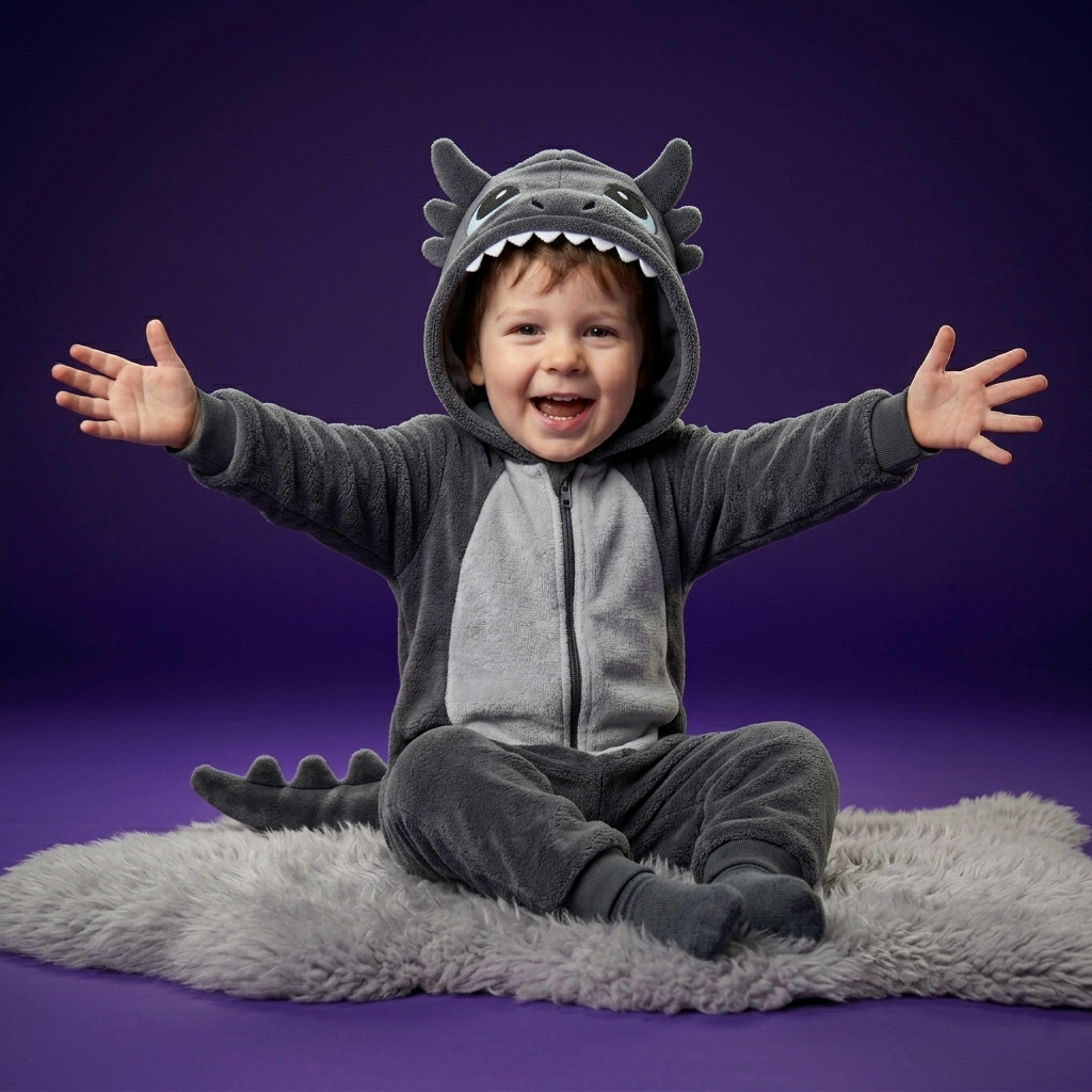 Child wearing a gray dinosaur costume with arms outstretched on a purple background