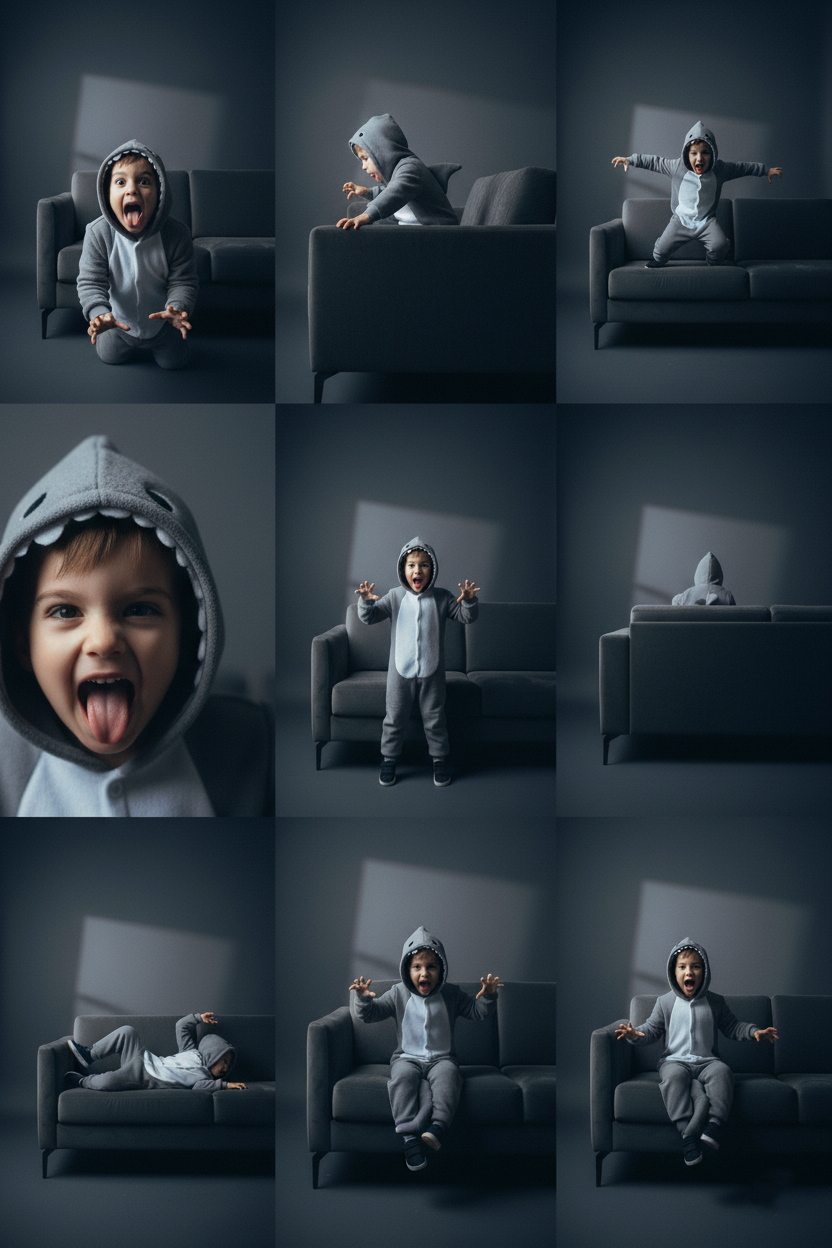 Collage of a child in a gray hoodie and pants sitting on a dark gray couch in various poses.