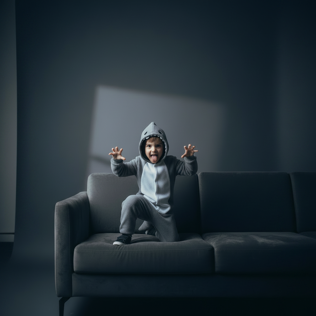 Child in a hoodie sitting on a gray couch with a dark background