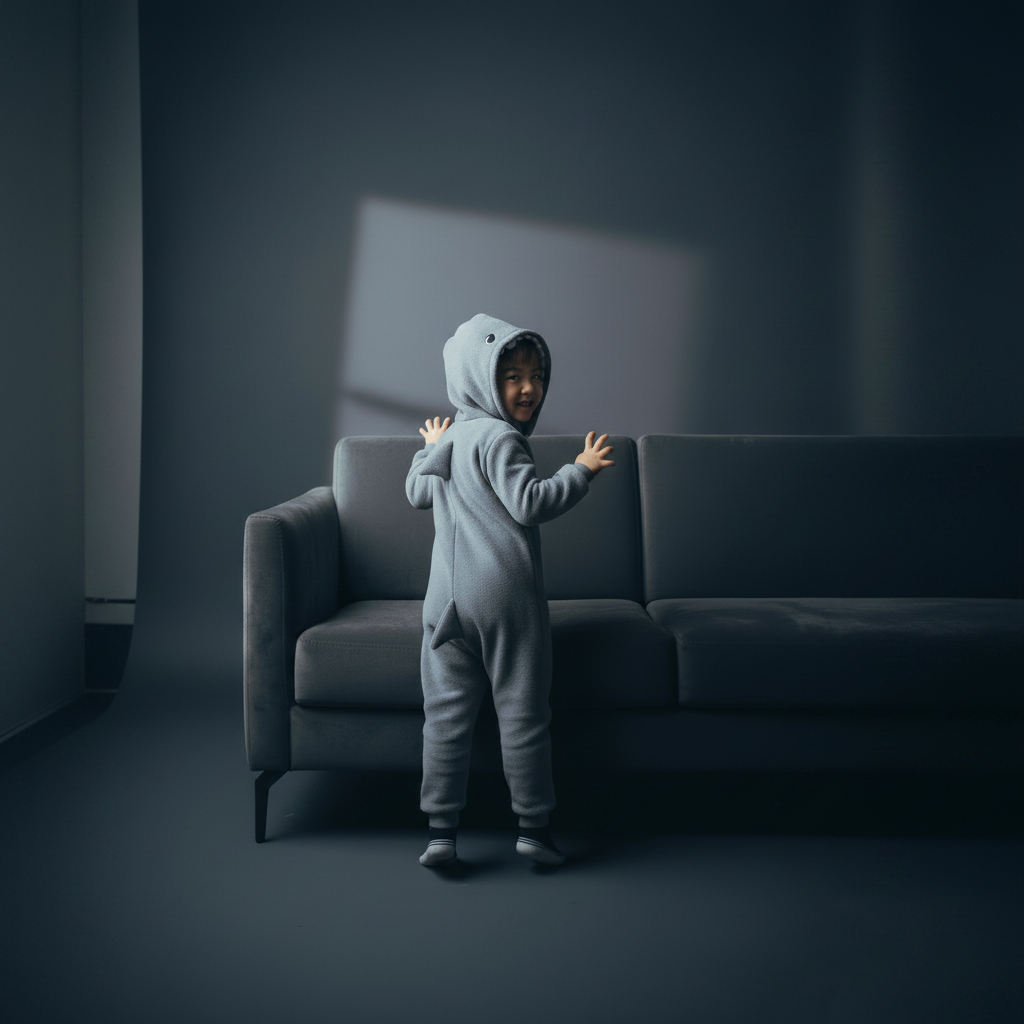Child in a gray onesie standing in a dimly lit room with a gray couch.