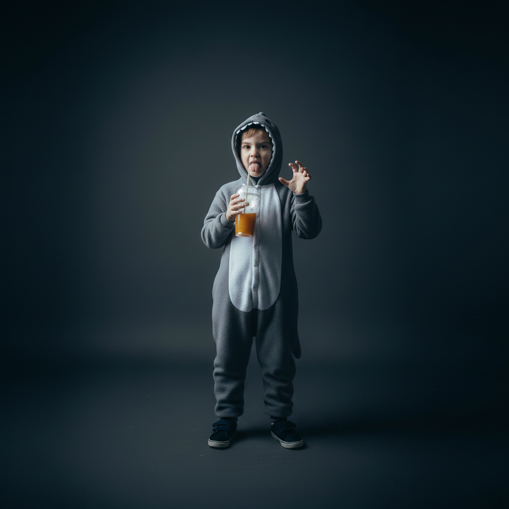 Child in a gray onesie holding a glass of juice against a dark background